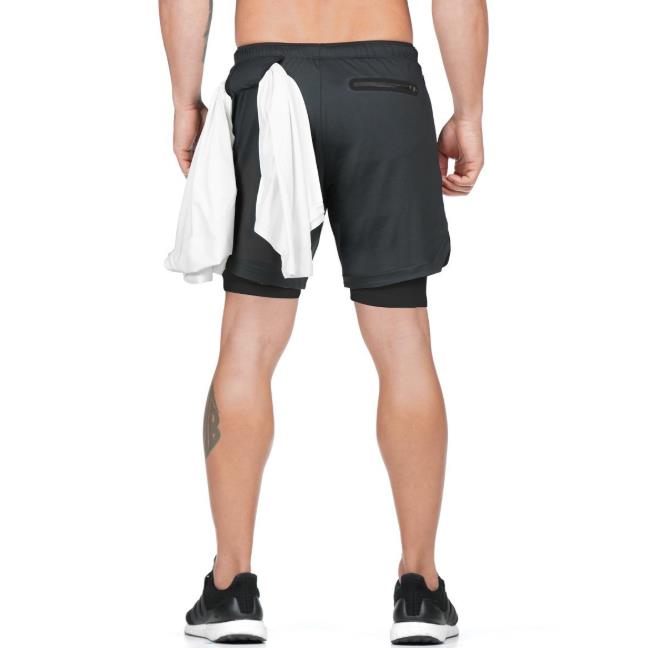 Shorts esportivos masculinos 2 em 1, shorts para corrida, lazer, bolsos integrados no quadril, zíper oculto, bolsos de segurança, shorts fitness